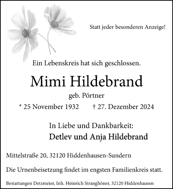 Traueranzeige von Mimi Hildebrand von Neue Westfälische