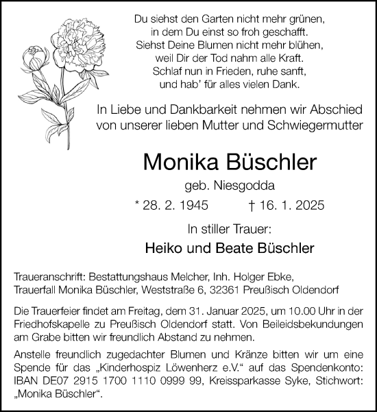 Traueranzeige von Monika Büschler von Neue Westfälische und Westfalen-Blatt