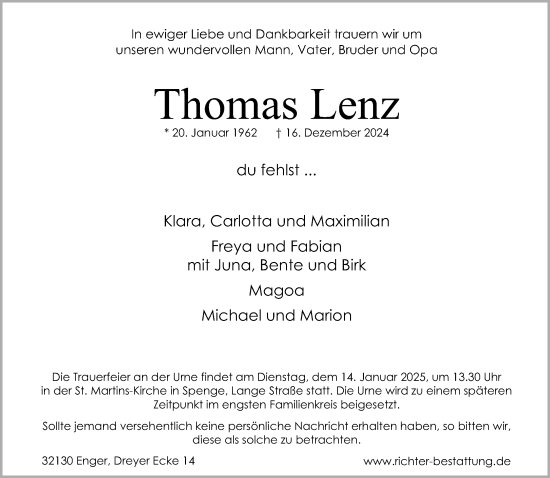 Traueranzeige von Thomas Lenz von Neue Westfälische