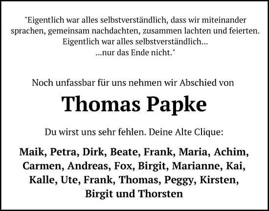 Traueranzeige von Thomas Papke von Neue Westfälische