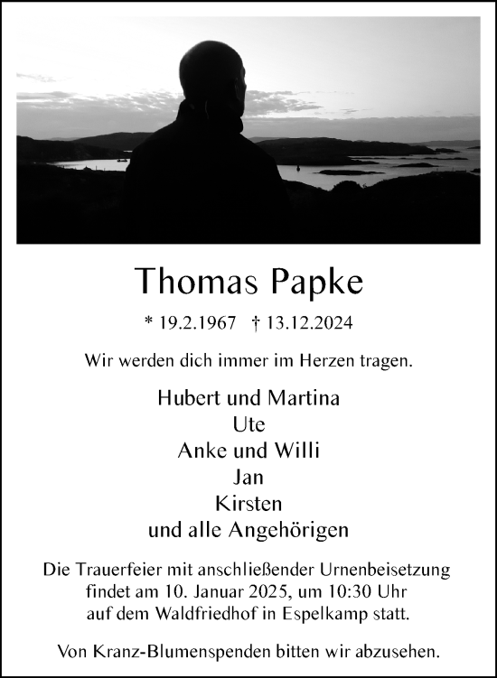 Traueranzeige von Thomas Papke von Neue Westfälische