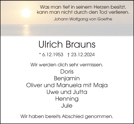 Traueranzeige von Ulrich Brauns von Neue Westfälische