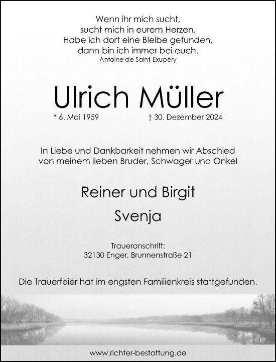 Traueranzeige von Ulrich Müller von Neue Westfälische und Westfalen-Blatt