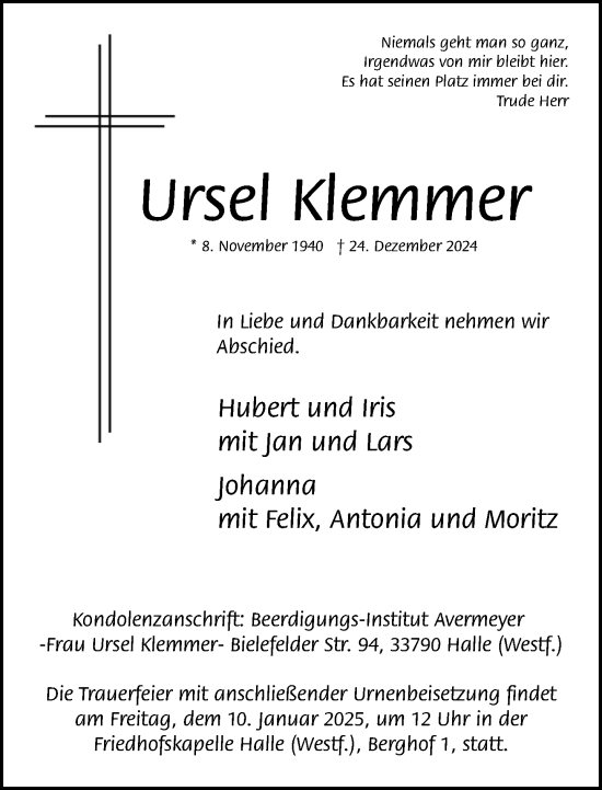 Traueranzeige von Ursel Klemmer von Neue Westfälische