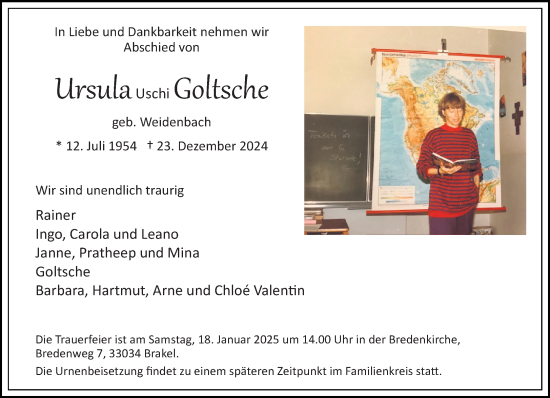 Traueranzeige von Ursula  Goltsche von Neue Westfälische