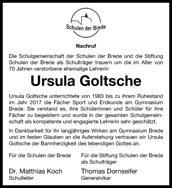 Traueranzeige von Ursula  Goltsche von Neue Westfälische und Westfalen-Blatt