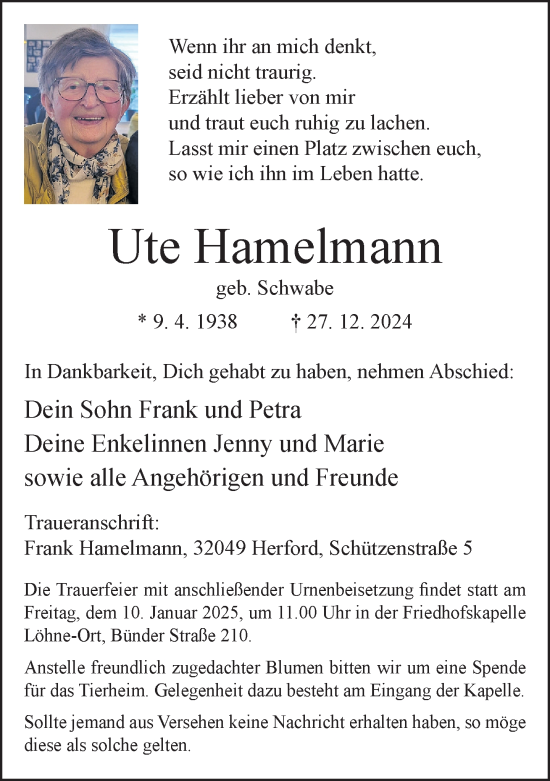 Traueranzeige von Ute Hamelmann von Neue Westfälische