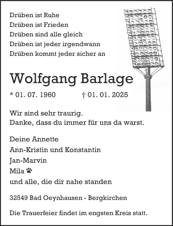 Traueranzeige von Wolfgang Barlage von Neue Westfälische