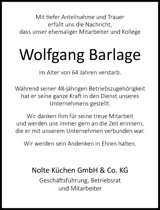 Traueranzeige von Wolfgang Barlage von Neue Westfälische