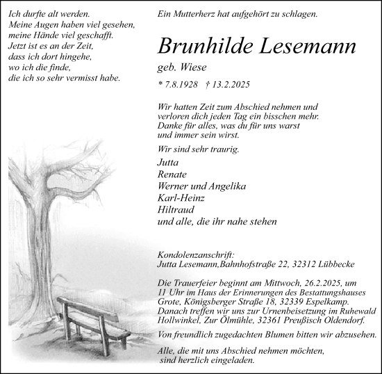 Traueranzeige von Brunhilde Lesemann von Neue Westfälische und Westfalen-Blatt