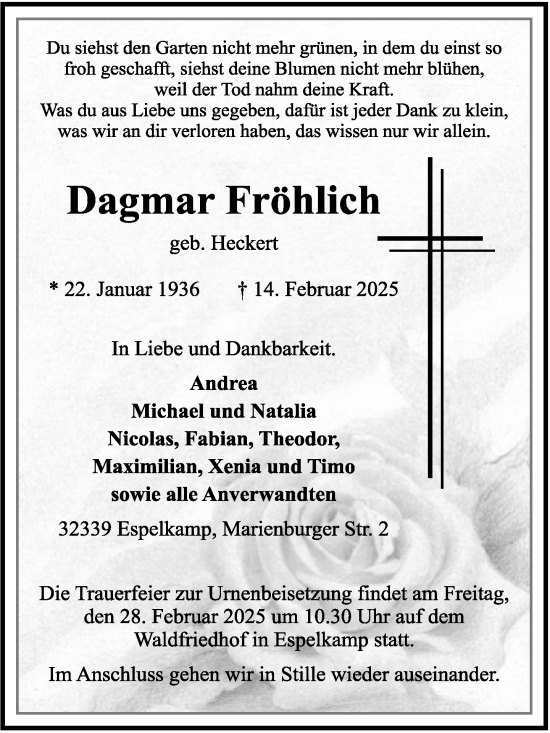 Traueranzeige von Dagmar Fröhlich von Neue Westfälische und Westfalen-Blatt