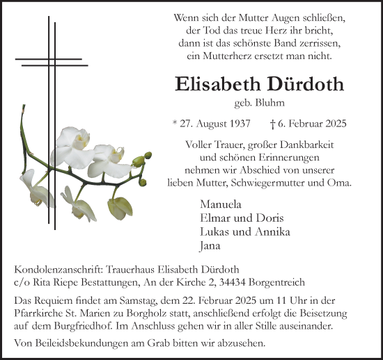 Traueranzeige von Elisabeth Dürdoth von Neue Westfälische und Westfalen-Blatt