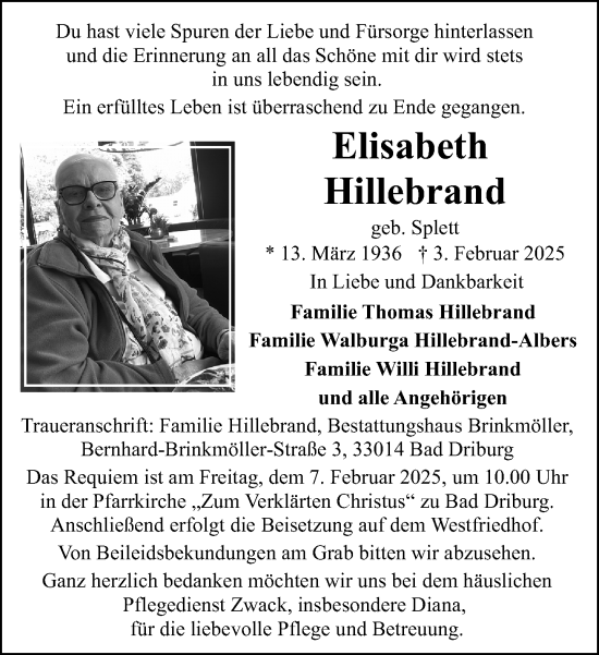 Traueranzeige von Elisabeth Hillebrand von Neue Westfälische und Westfalen-Blatt