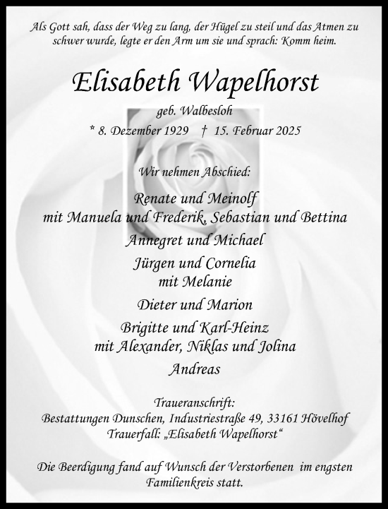 Traueranzeige von Elisabeth Wapelhorst von Neue Westfälische und Westfalen-Blatt