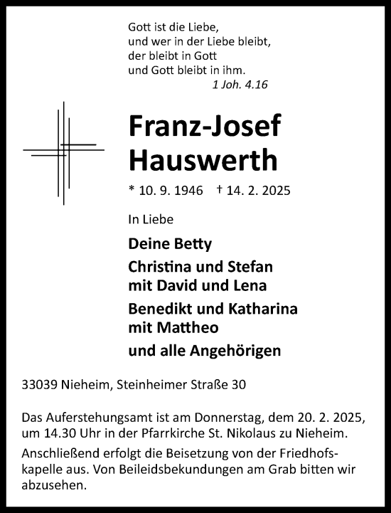 Traueranzeige von Franz-Josef Hauswerth von Neue Westfälische und Westfalen-Blatt