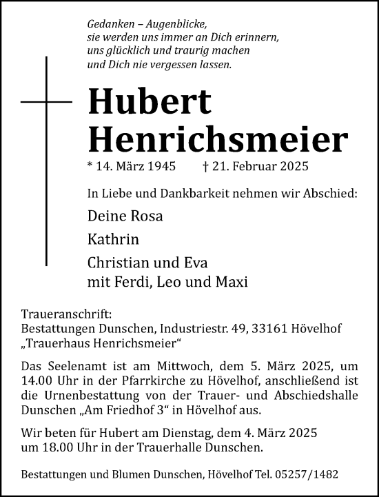 Traueranzeige von Hubert Henrichsmeier von Neue Westfälische und Westfalen-Blatt