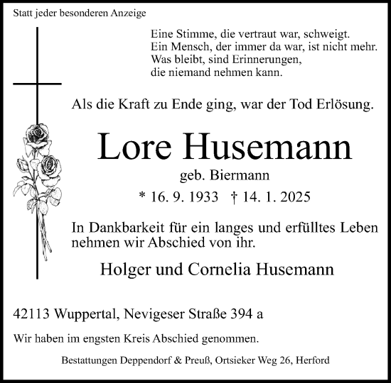 Traueranzeige von Lore Husemann von Neue Westfälische und Westfalen-Blatt