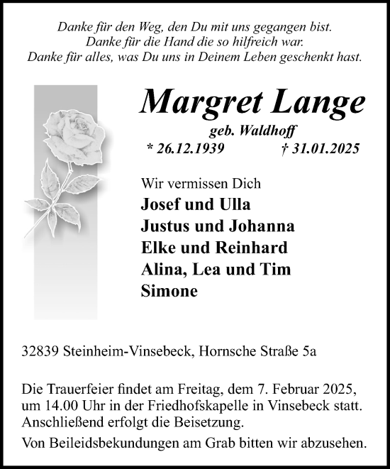 Traueranzeige von Margret Lange von Neue Westfälische und Westfalen-Blatt