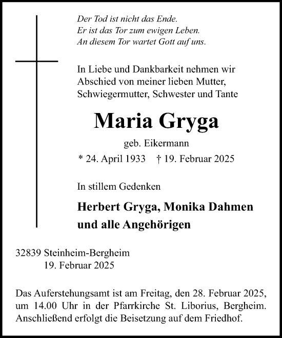 Traueranzeige von Maria Gryga von Neue Westfälische und Westfalen-Blatt