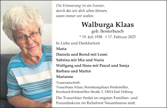 Traueranzeige von Walburga Klaas von Neue Westfälische und Westfalen-Blatt