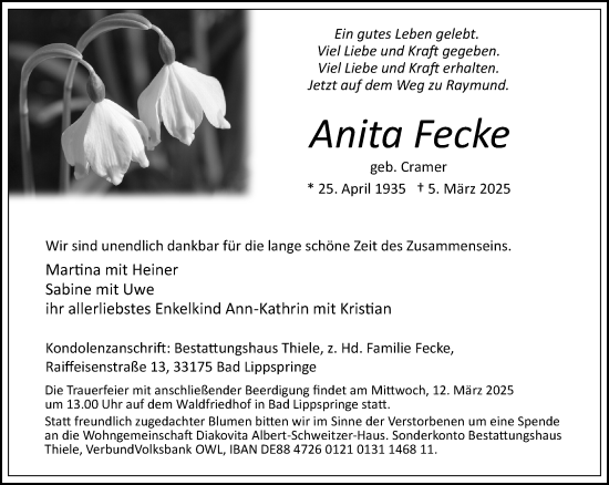 Traueranzeige von Anita Fecke von Neue Westfälische und Westfalen-Blatt