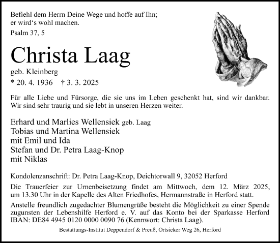 Traueranzeige von Christa Laag von Neue Westfälische und Westfalen-Blatt