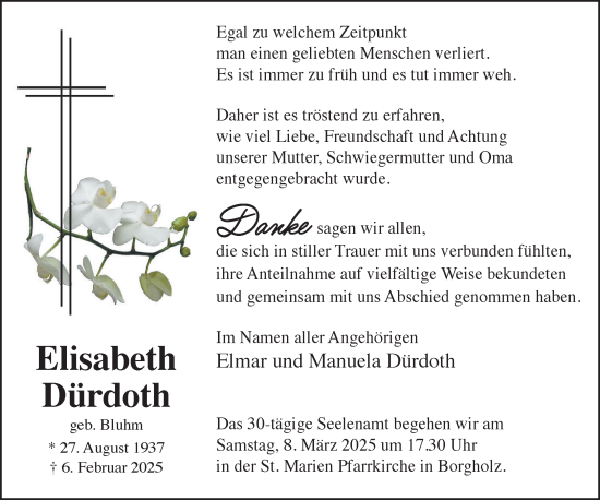 Traueranzeige von Elisabeth Dürdoth von Neue Westfälische und Westfalen-Blatt