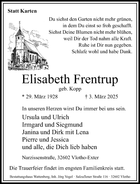 Traueranzeige von Elisabeth Frentrup von Neue Westfälische und Westfalen-Blatt