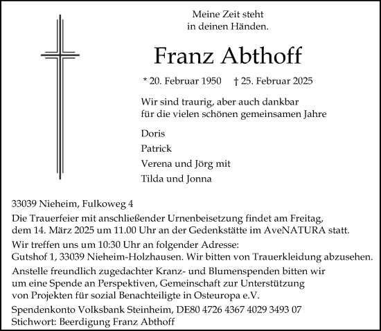 Traueranzeige von Franz Abthoff von Neue Westfälische und Westfalen-Blatt