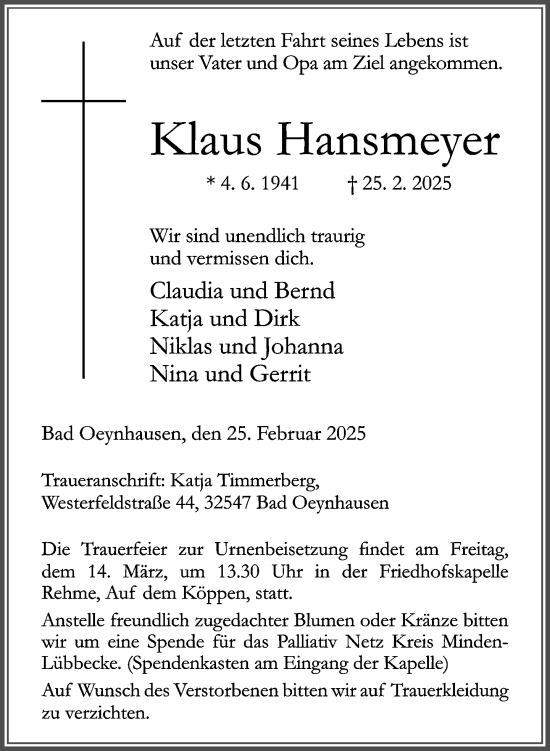 Traueranzeige von Klaus Hansmeyer von Neue Westfälische und Westfalen-Blatt