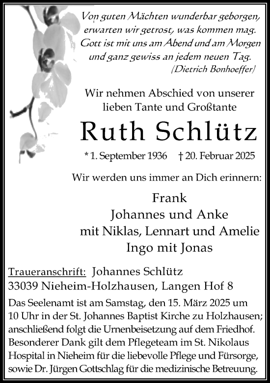 Traueranzeige von Ruth Schlütz von Neue Westfälische und Westfalen-Blatt