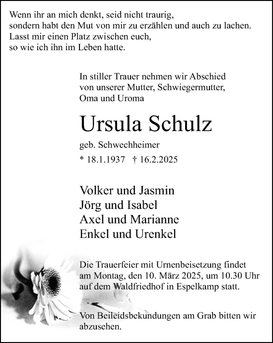 Traueranzeige von Ursula Schulz von Neue Westfälische und Westfalen-Blatt