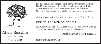 Traueranzeige von Alexa Recklies von Westfalen-Blatt