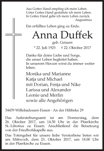 Traueranzeige von Anna Duffek von Westfalen-Blatt