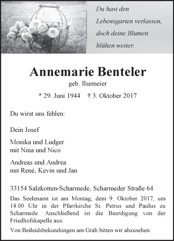 Traueranzeige von Annemarie Benteler von Westfalen-Blatt