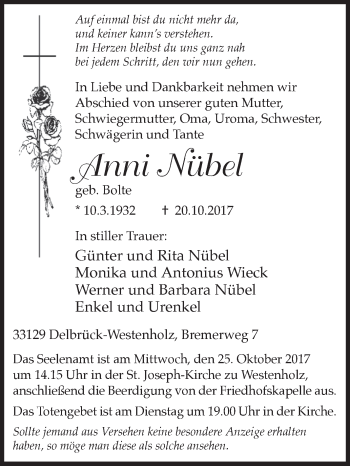 Traueranzeige von Anni Nübel von Westfalen-Blatt