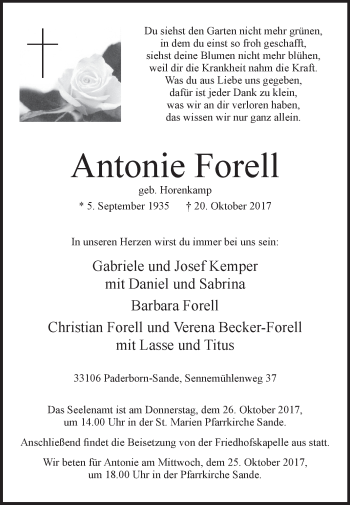 Traueranzeige von Antonie Forell von Westfalen-Blatt