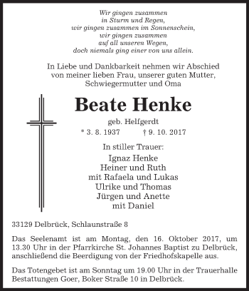 Traueranzeige von Beate Henke von Westfalen-Blatt