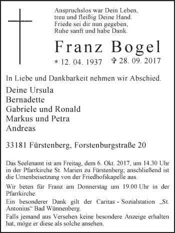 Traueranzeige von Franz Bogel von Westfalen-Blatt