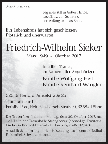 Traueranzeige von Friedrich-Wilhelm Sieker von Westfalen-Blatt