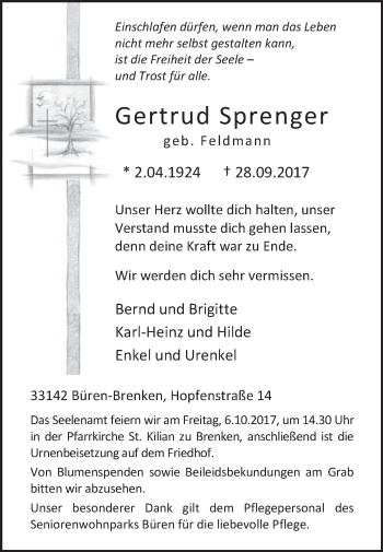 Traueranzeige von Gertrud Sprenger von Westfalen-Blatt