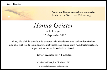 Traueranzeige von Hanna Geister von Westfalen-Blatt