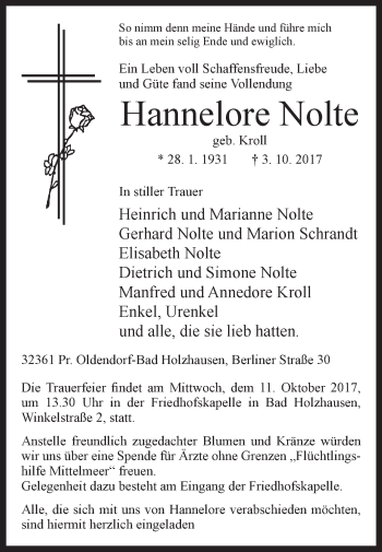 Traueranzeige von Hannelore Nolte von Westfalen-Blatt