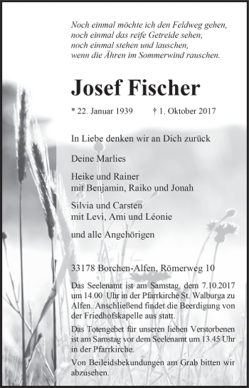 Traueranzeige von Josef Fischer von Westfalen-Blatt