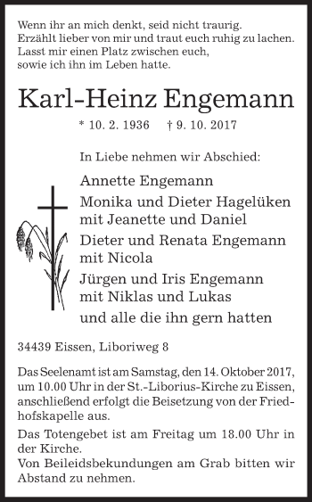 Traueranzeige von Karl-Heinz Engemann von Westfalen-Blatt