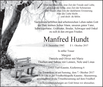 Traueranzeige von Manfred Hundt von Westfalen-Blatt