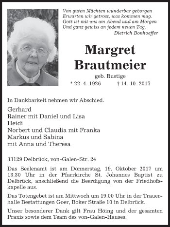 Traueranzeige von Margret Brautmeier von Westfalen-Blatt