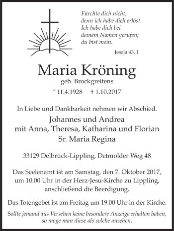 Traueranzeige von Maria Kröning von Westfalen-Blatt