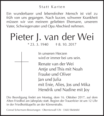 Traueranzeige von Pieter J. van der Wei von Westfalen-Blatt