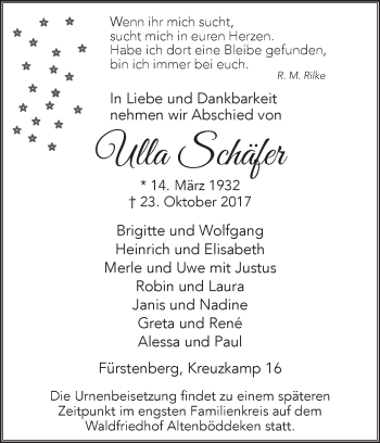 Traueranzeige von Ulla Schäfer von Westfalen-Blatt